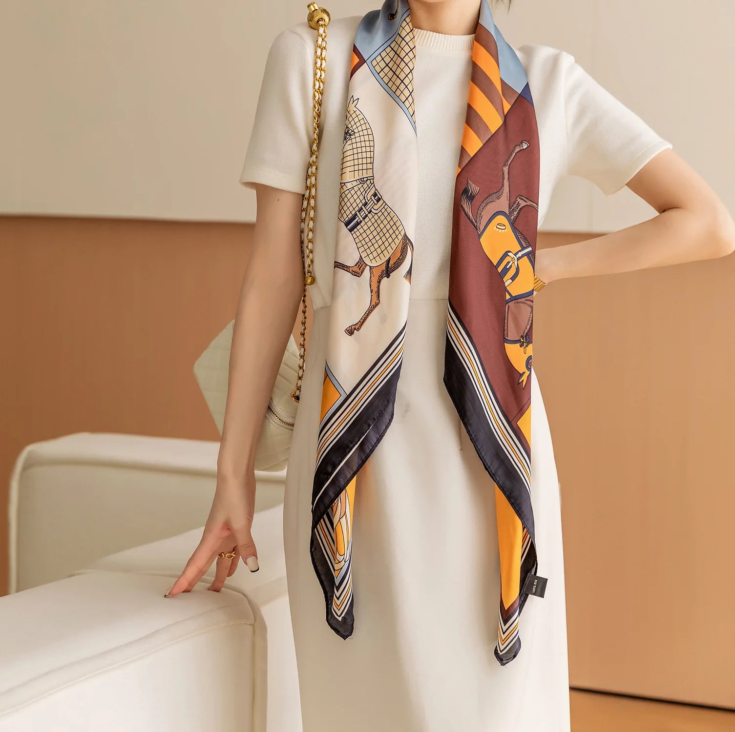 Oversized Square Shawl Scarf in Classic Equestrian Print