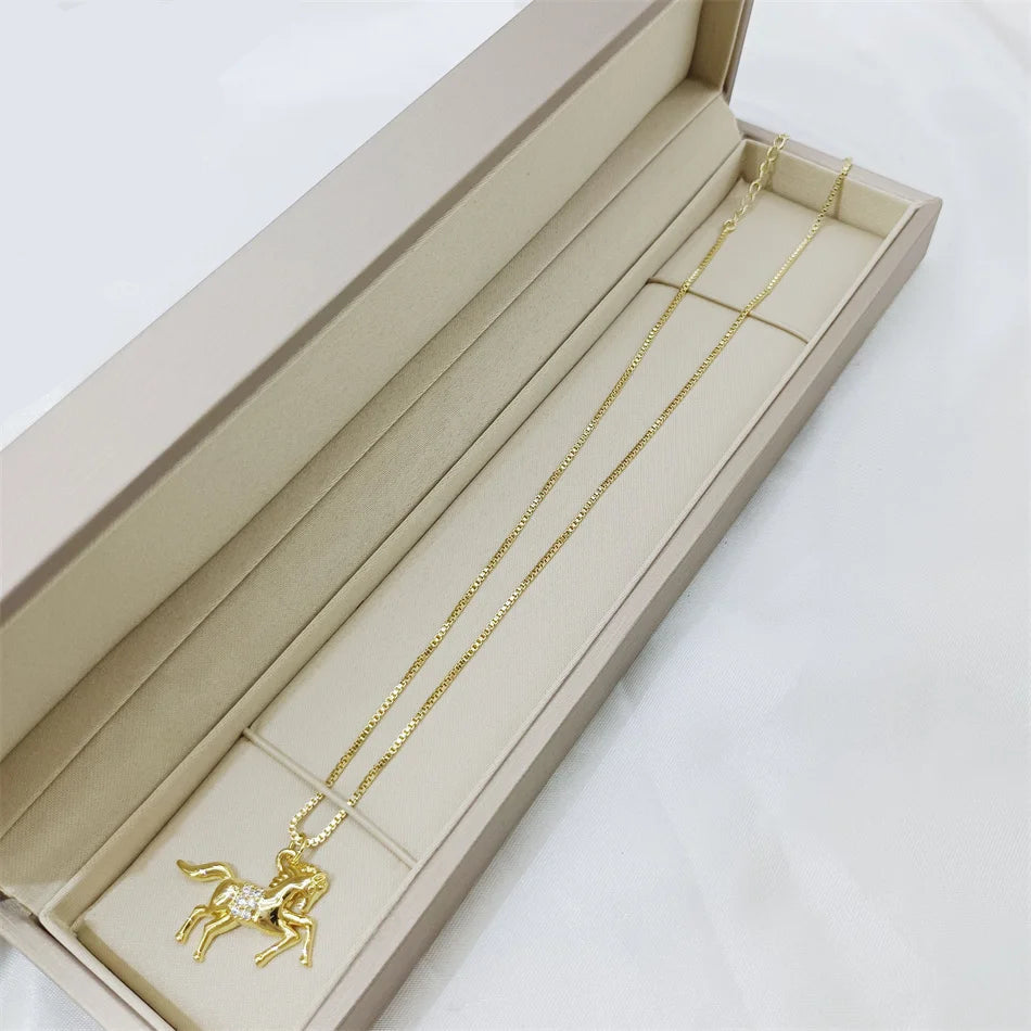 Gold Horse Pendant Necklace Pave Zircon