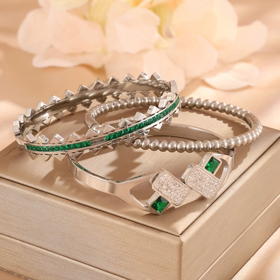 3pc Bangle Set Gold-Toned | Emerald Green Zirconia