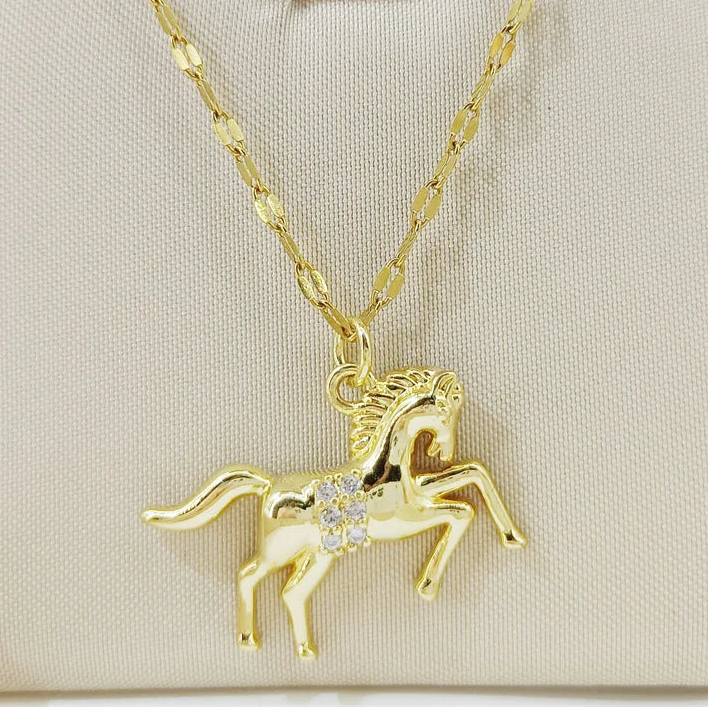 Gold Horse Pendant Necklace Pave Zircon