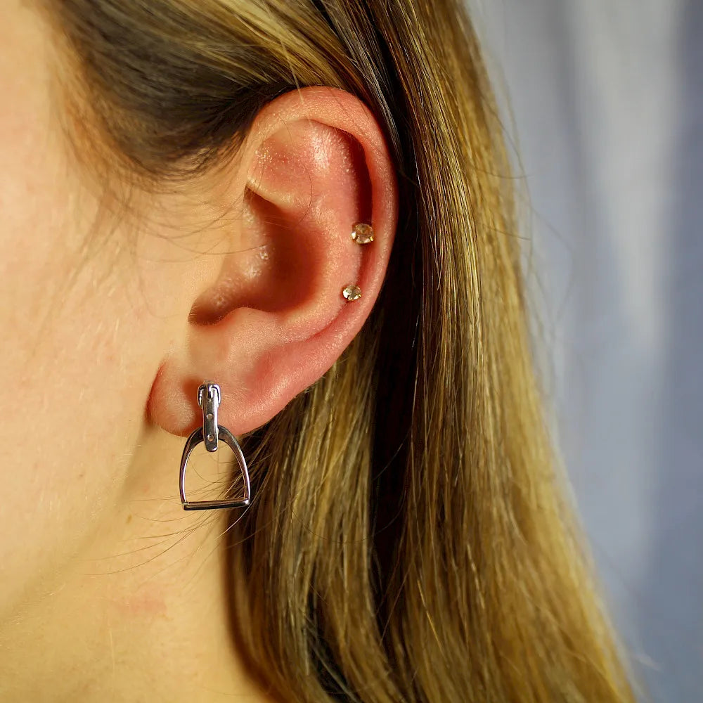 925 Silver Stirrup Stud Earrings Minimalist Pave Zircon Fine Jewelry