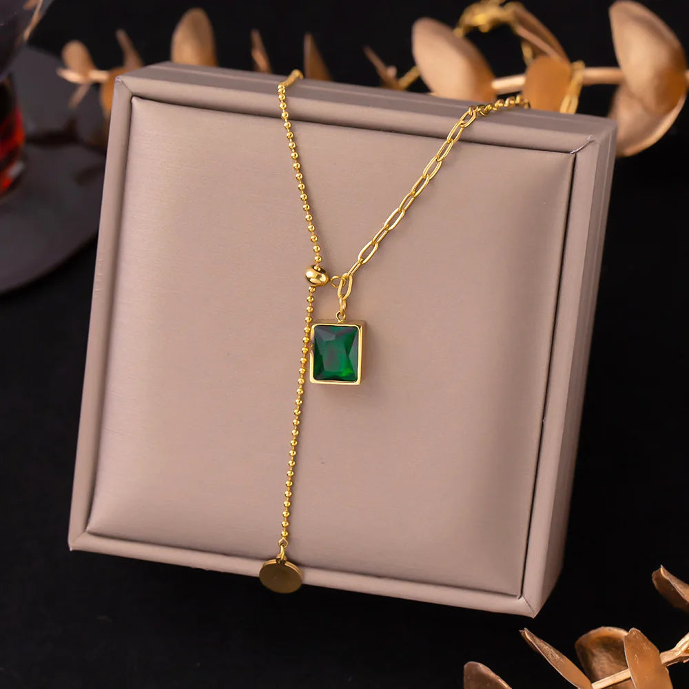 Lariat Y-Necklace Gold-Toned | Emerald Zirconia Pendant