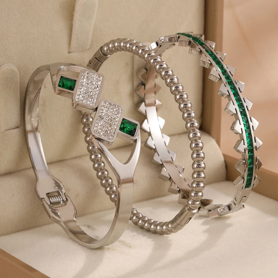 3pc Bangle Set Gold-Toned | Emerald Green Zirconia