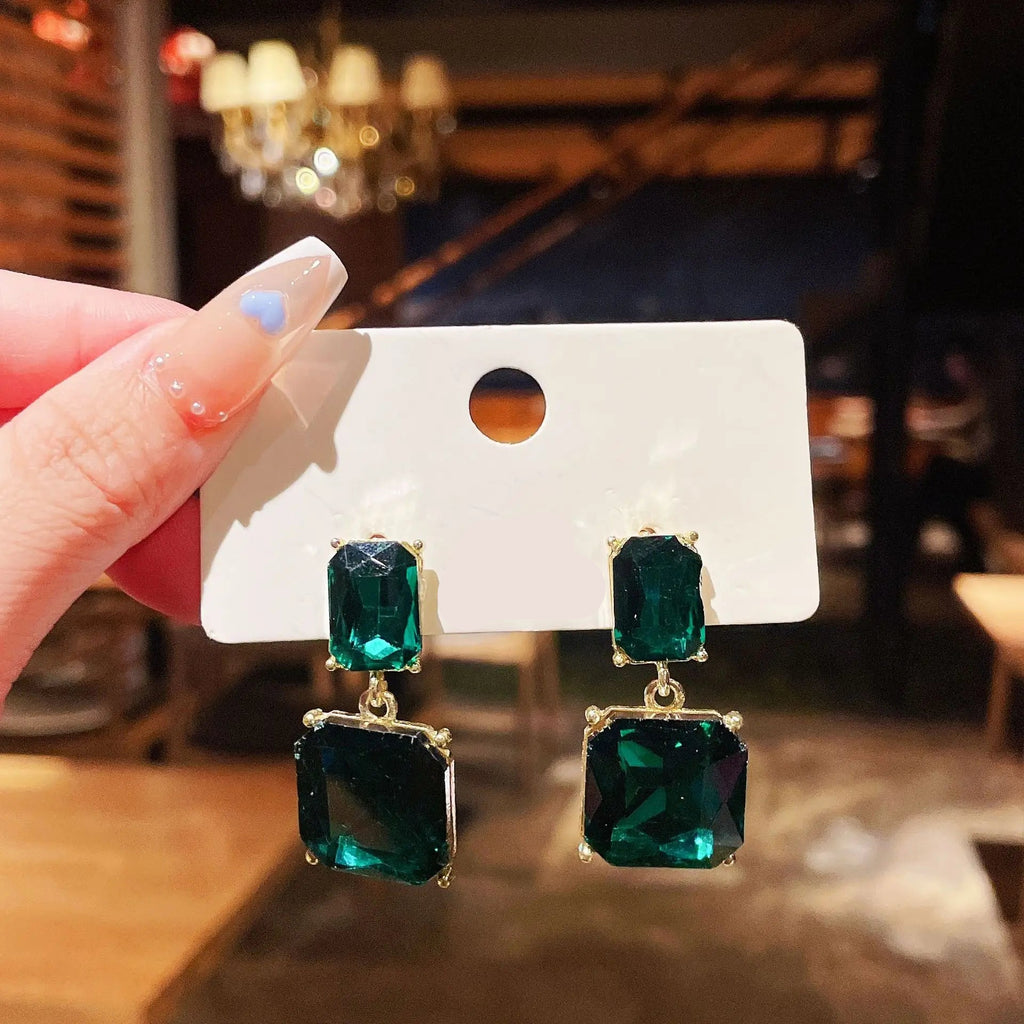Maxi Green Square Crystal Drop Earrings