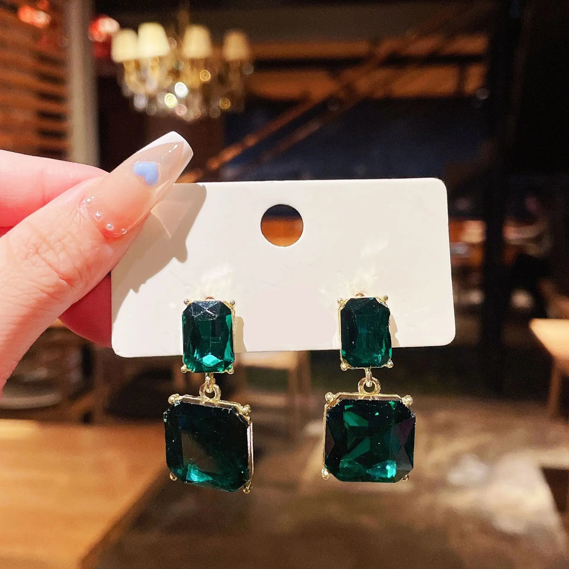 Maxi Green Square Crystal Drop Earrings