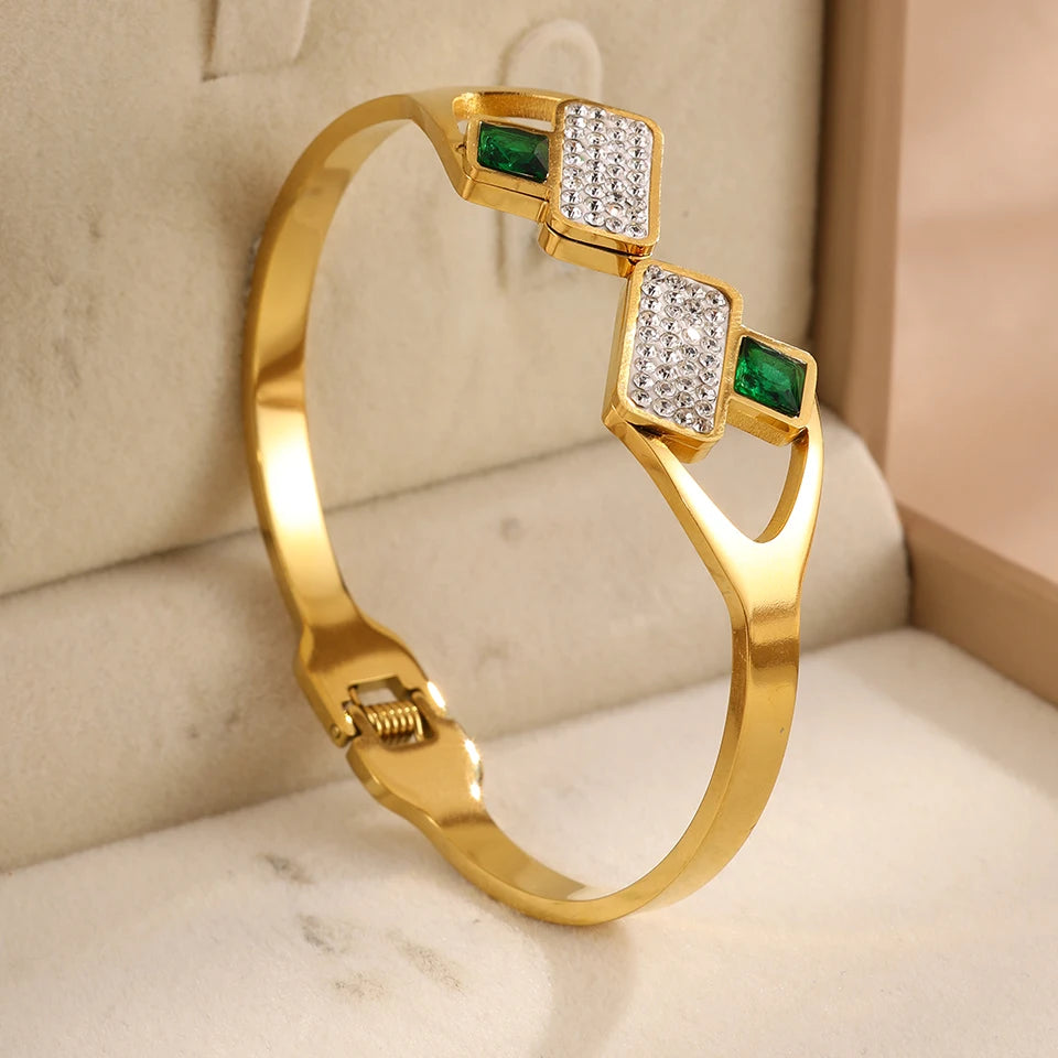 3pc Bangle Set Gold-Toned | Emerald Green Zirconia
