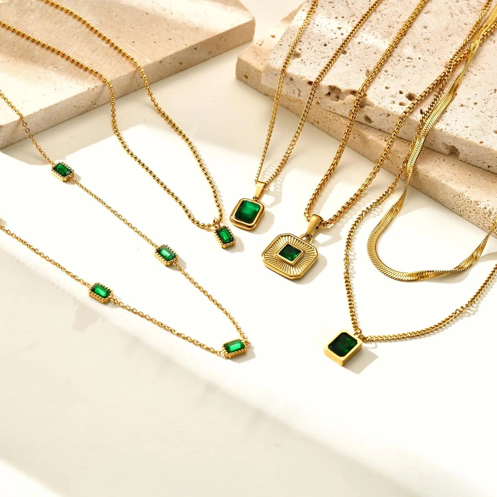 Retro Gold-Toned Green Zirconia Necklace | Pave Pendant Classic Luxury Jewelry