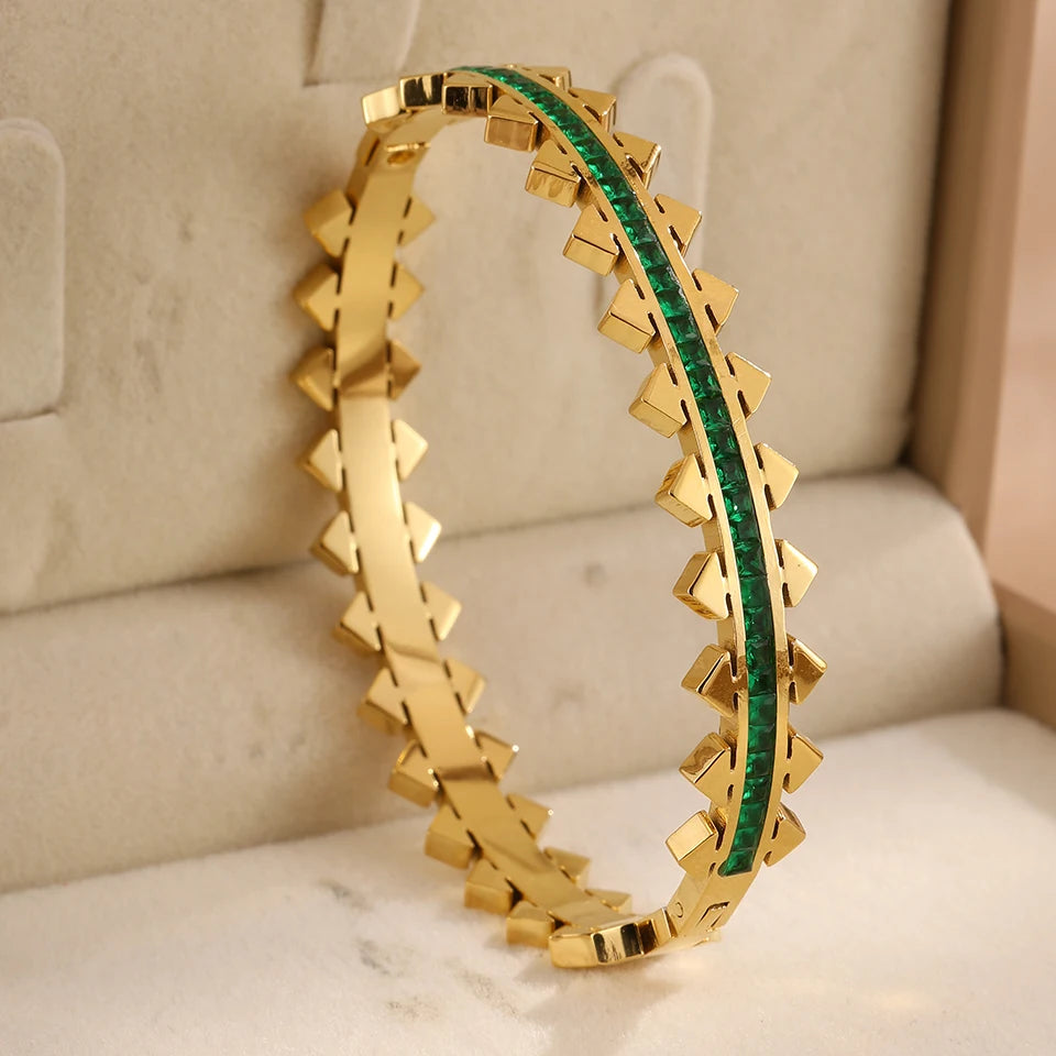3pc Bangle Set Gold-Toned | Emerald Green Zirconia