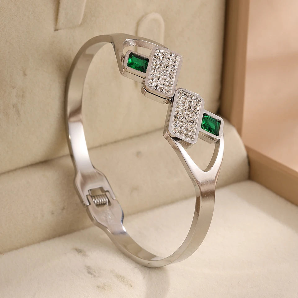 3pc Bangle Set Gold-Toned | Emerald Green Zirconia