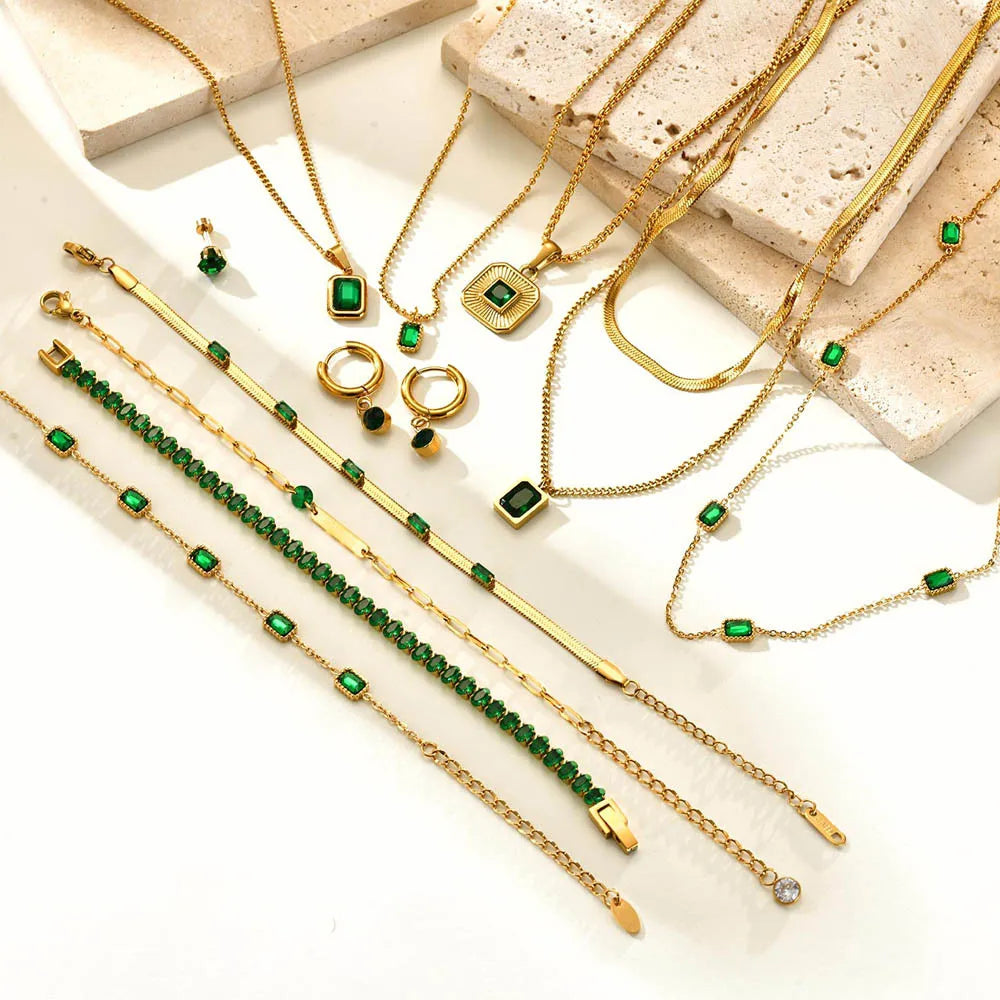 Retro Gold-Toned Green Zirconia Necklace | Pave Pendant Classic Luxury Jewelry