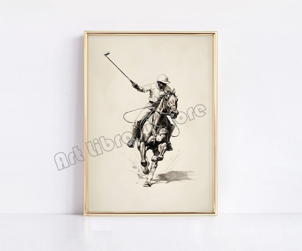 Horse Rider Polo Etching Print on Canvas Sport Equestrian Gallery