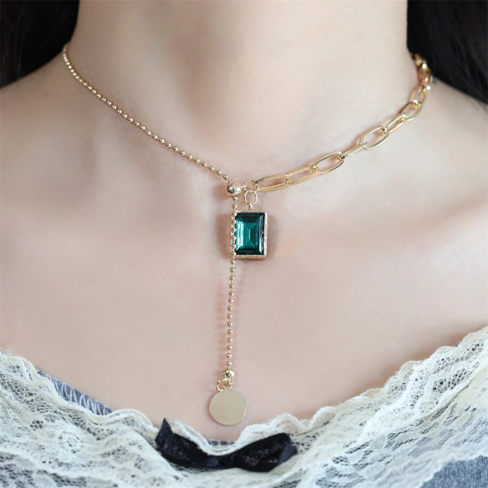 Lariat Y-Necklace Gold-Toned | Emerald Zirconia Pendant
