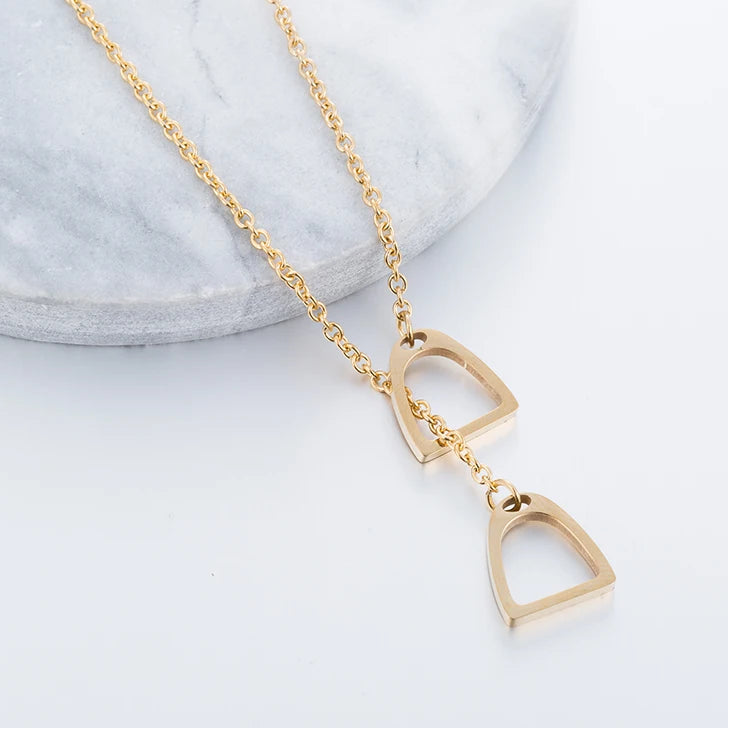 Long Gold Chain Necklace | Horseshoe & Stirrup Pendant