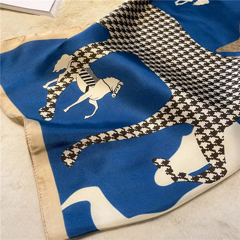 Printed Square Scarf Silky Satin Horse Pattern