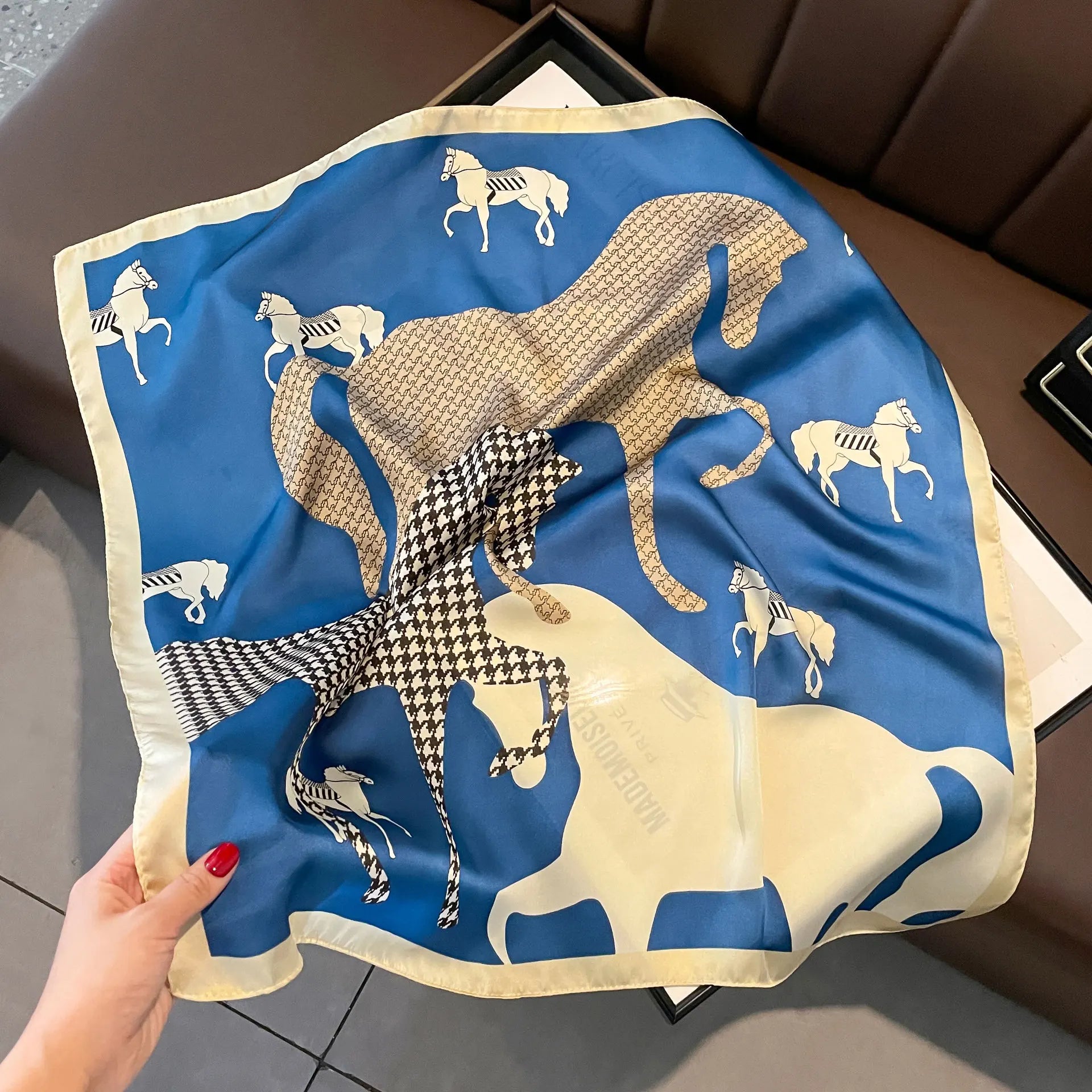 Printed Square Scarf Silky Satin Horse Pattern