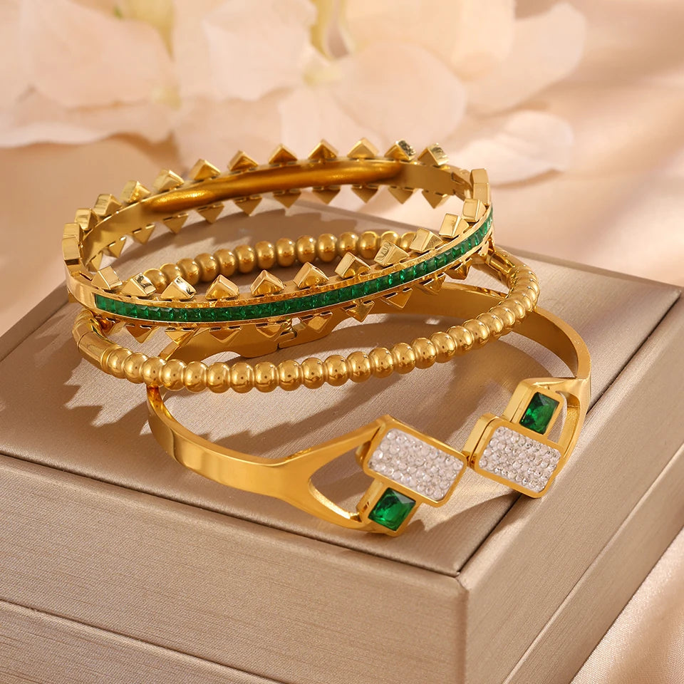 3pc Bangle Set Gold-Toned | Emerald Green Zirconia