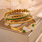 3pc Bangle Set Gold-Toned | Emerald Green Zirconia