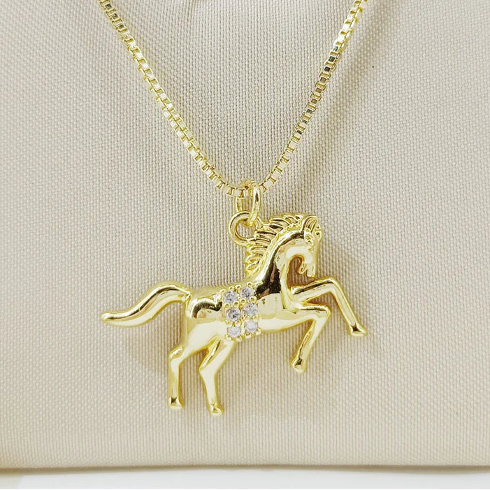Gold Horse Pendant Necklace Pave Zircon