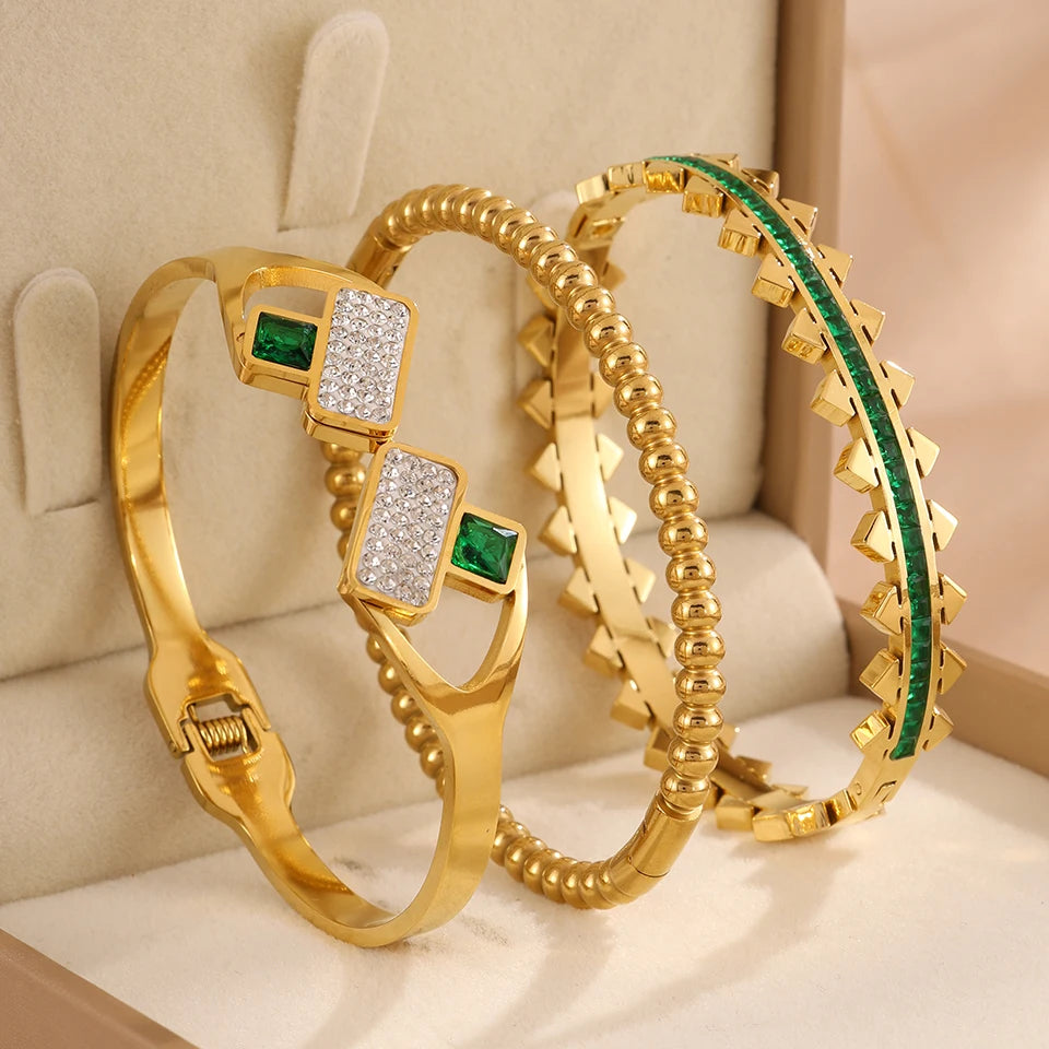 3pc Bangle Set Gold-Toned | Emerald Green Zirconia