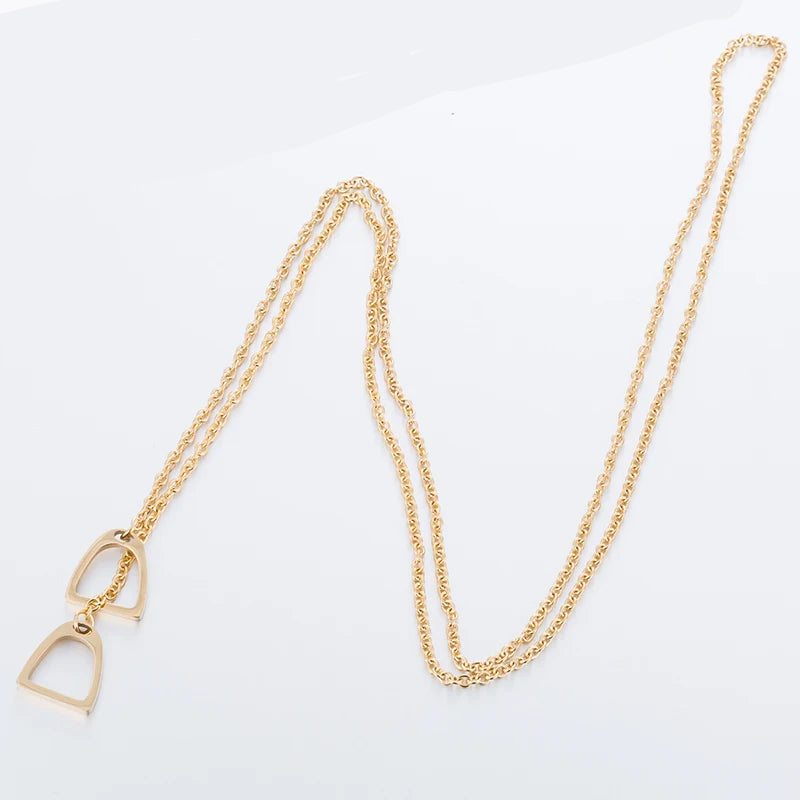 Long Gold Chain Necklace | Horseshoe & Stirrup Pendant