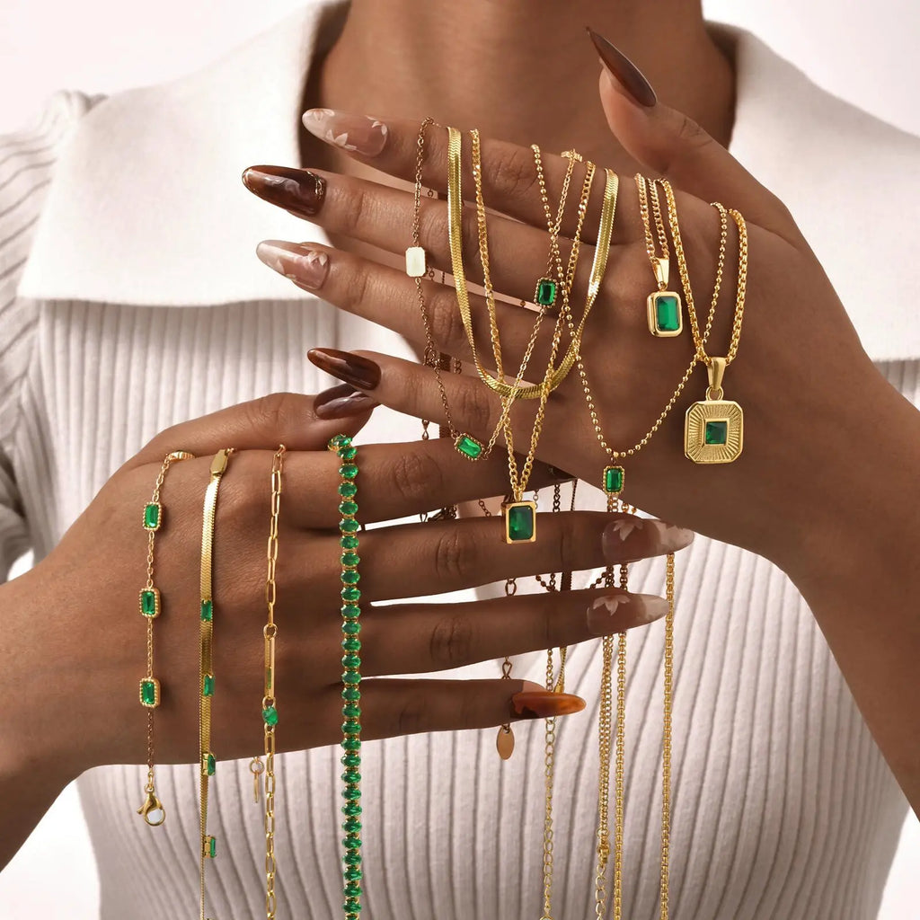 Retro Gold-Toned Green Zirconia Necklace | Pave Pendant Classic Luxury Jewelry