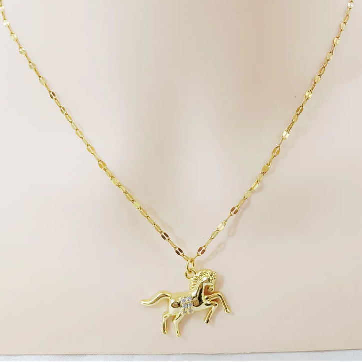 Gold Horse Pendant Necklace Pave Zircon