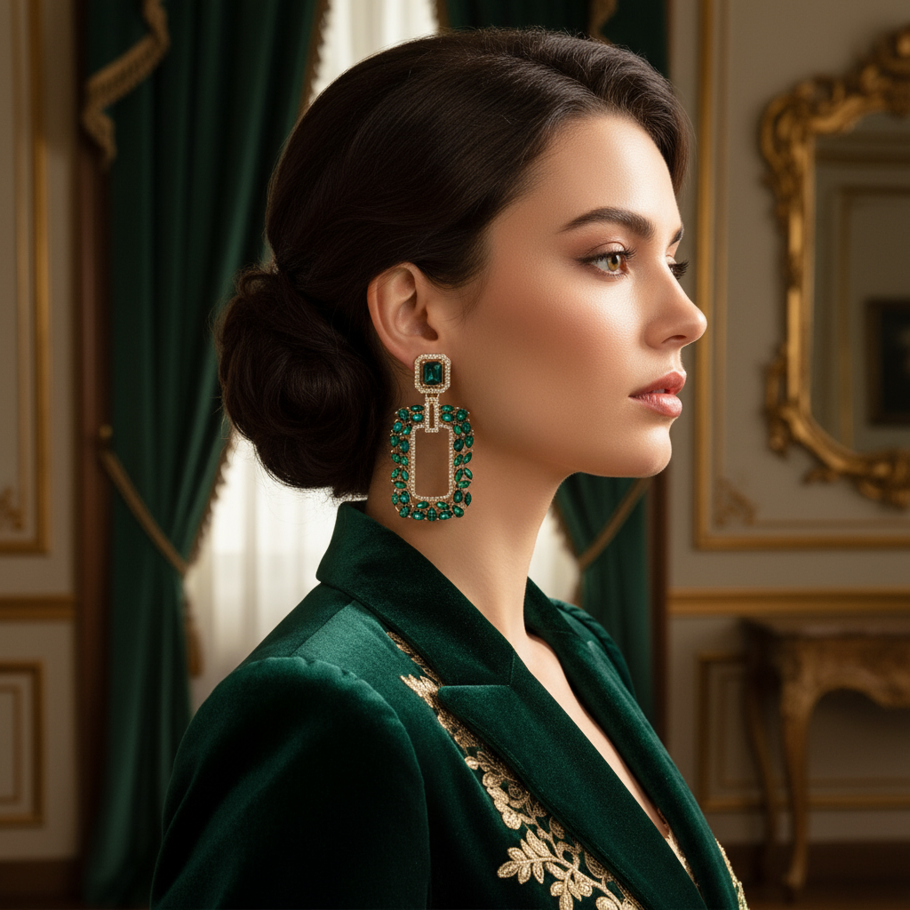 Vintage luxury Green Imitation Gemstone Emerald Geometric Earrings