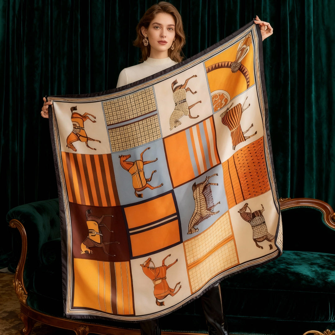 Oversized Square Shawl Scarf in Classic Equestrian Print