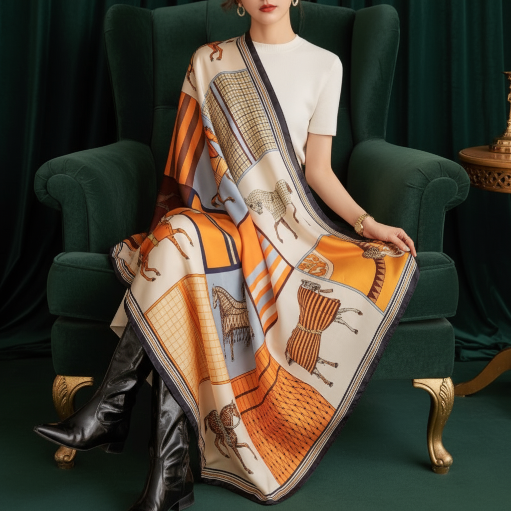 Oversized Square Shawl Scarf in Classic Equestrian Print