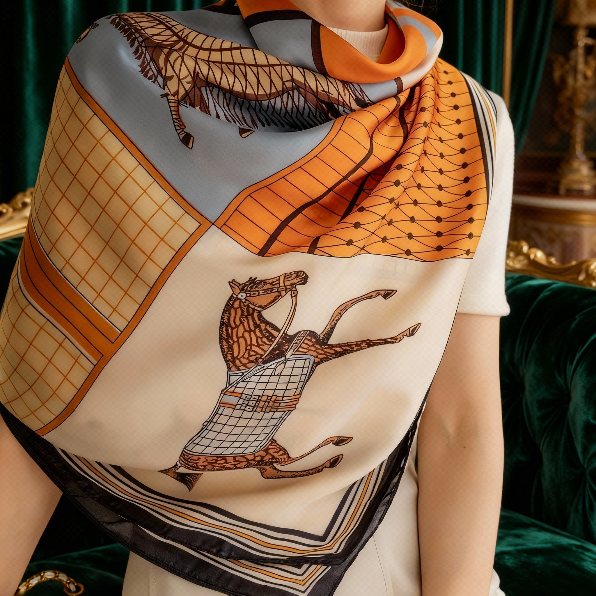 Oversized Square Shawl Scarf in Classic Equestrian Print