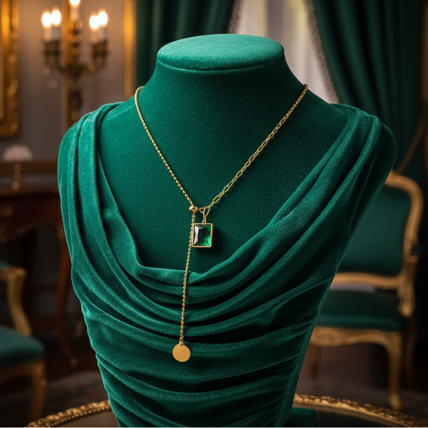 Lariat Y-Necklace Gold-Toned | Emerald Zirconia Pendant